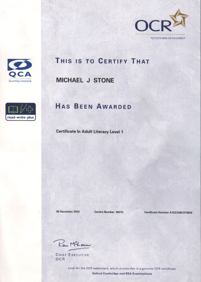 MICHAEL STONE - ADULT LITERACY CERTIFICATE